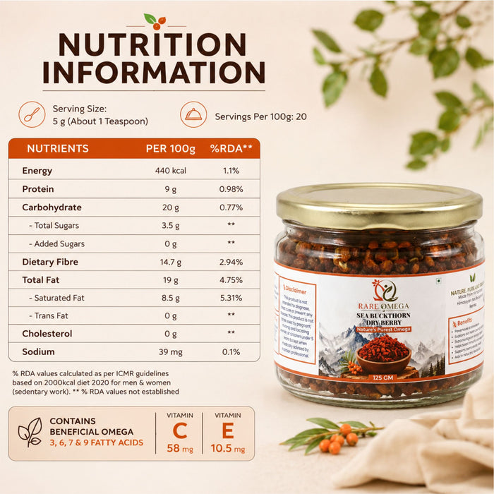 Rare Omega Sea Buckthorn Dry Berries (125g).